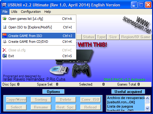 USBUtil file menu showing Create Game from ISO option
