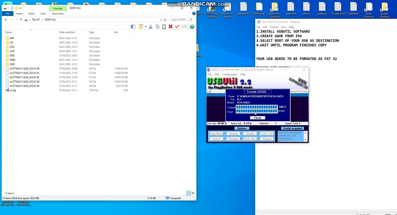 USB drive showing split game files and ul.cfg after conversion